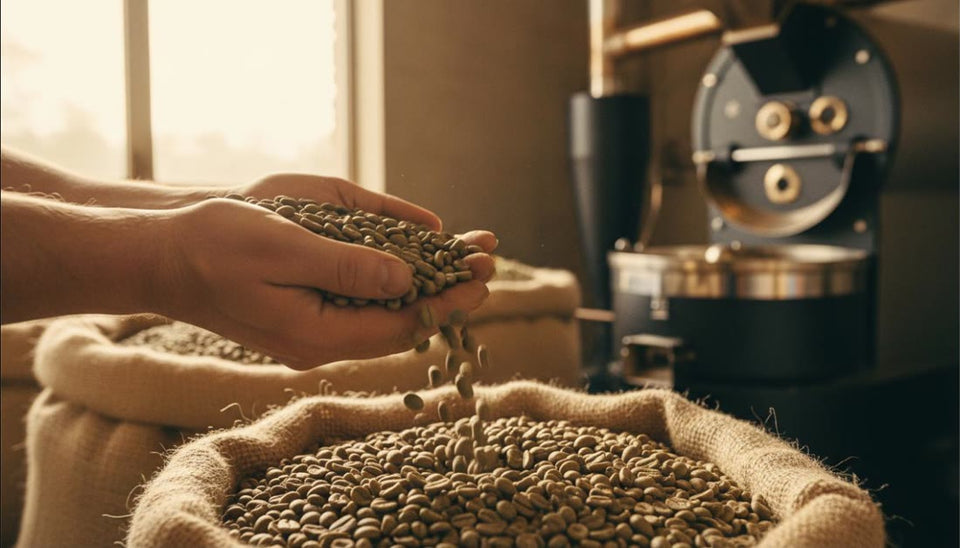 Green coffee beans held in hand